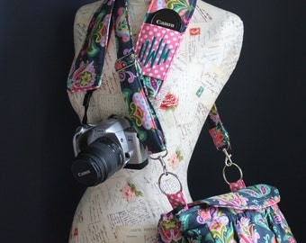 New! MEDIUM size Digital Padded Camera Bag with Camera Strap Cover by Watermelon Wishes Amy Butler Fabric Pink Polka Dots