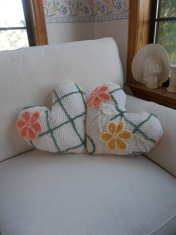 Vintage Chenille Pillow Heart Pillow Handmade Decorative Pillow Bedroom Pillow French Country Cottage Chic Sold Separately