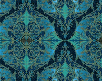 Jason Yenter Peaceful Holiday Teal Gold In the Beginning Fabric 1 yard