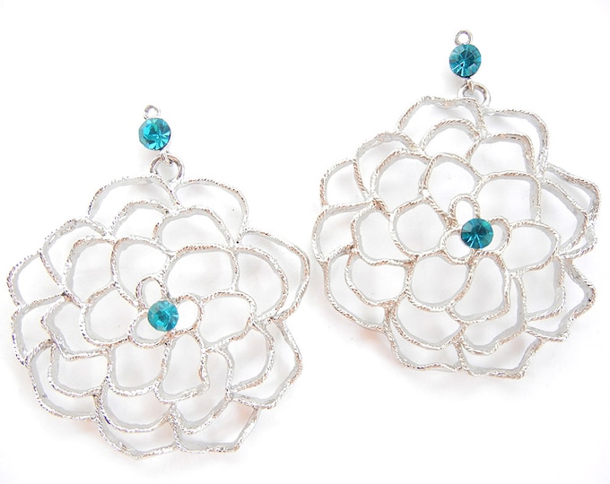 Pair of Large Outline Silver-tone Flower Charms Turquoise Rhinestone Accent