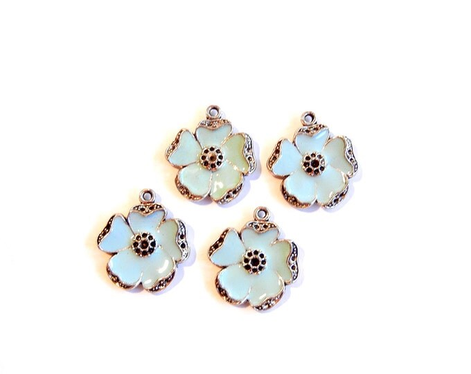 2 Pairs of Blue Enamel Marcasite-like Flower Charms