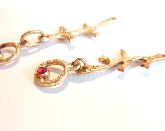 Pair of Abstract Branch Charms with Round Red Rhinestone Drop