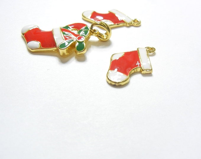 Set of Red Christmas Stocking Pendant and Charms Gold-tone