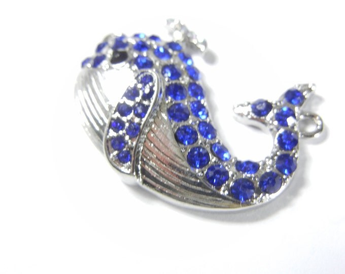 Whale Double Link Silver-tone Blue Rhinestone Pendant