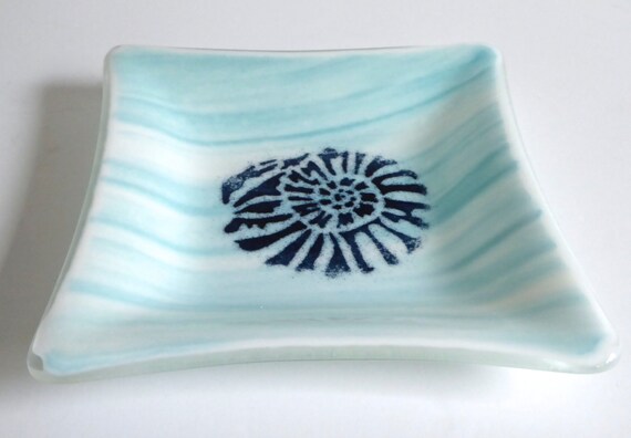 Streaky Aqua Fused Glass Shell Dish