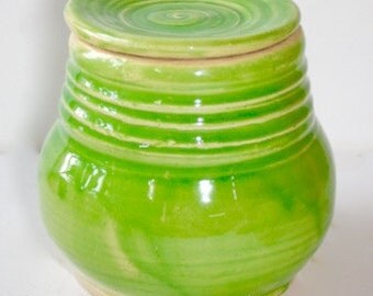 Covered Stoneware Jar with Spring Green Glaze Five Inches High Hand Thrown One of a Kind.