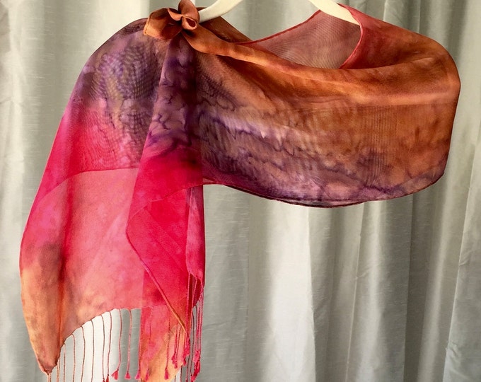 Ember Hand Painted Silk Scarf Santa Fe Opera Collection, Light Mesh Weave, One of a Kind, Designer Original Made in USA