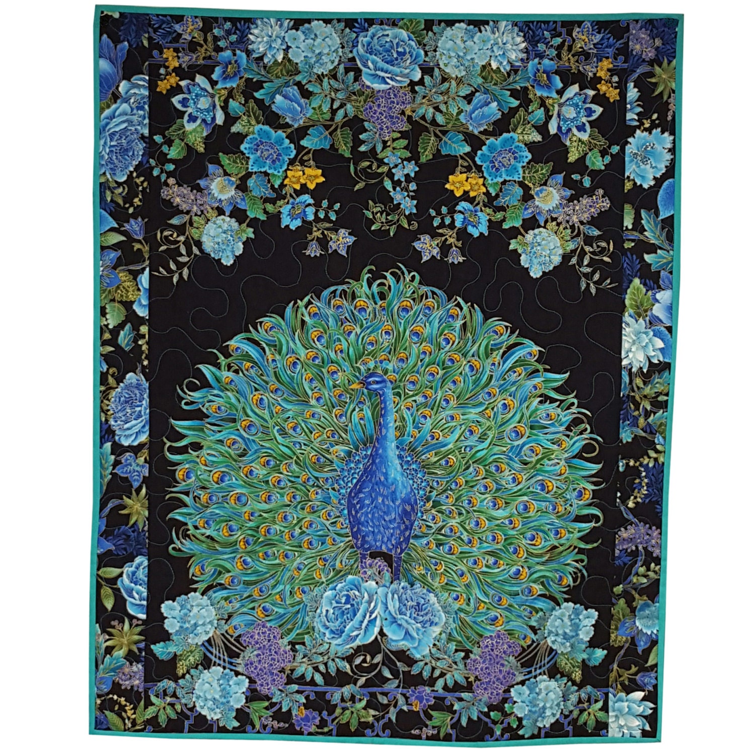 Peacock Art Quilt Fabric Wall Hanging With Floral Border 7087