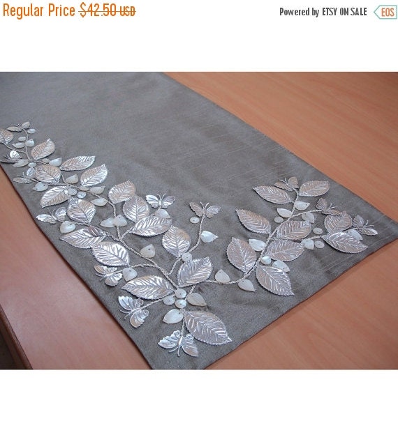 ON SALE 10 Beaded Table Runner Silver Beautiful Butterfly Mother Of