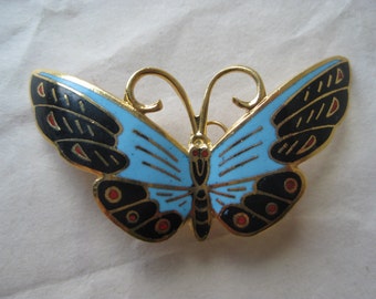 Butterfly Blue Red Brooch Gold Enamel Vintage Pin Cloisonné Pendant