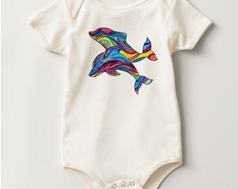 Psychedelic Dolphins American Apparel Organic Cotton Jersey Onesie 24 Months Old