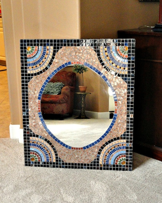ON SALE Large Custom Mosaic Mirror Brown Blue Gold//Bathroom