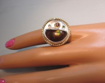 Fire Agate Ring Sterling silver with 14 K Gold Trim Size 6