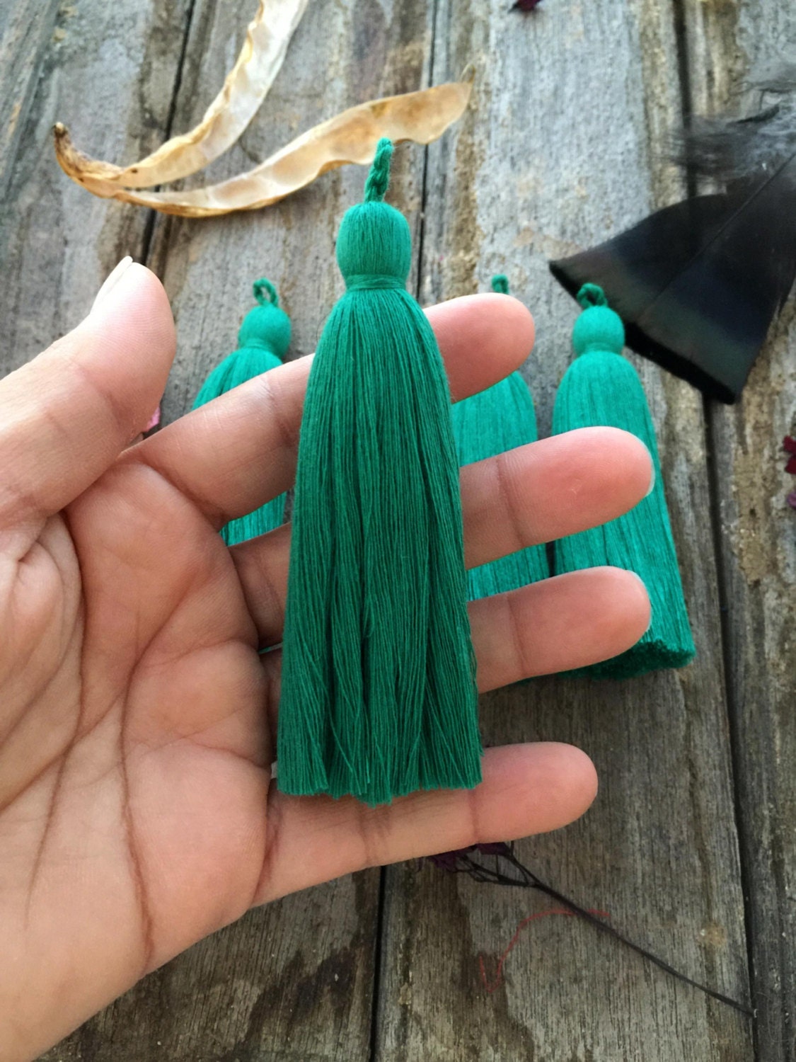 Emerald Green 4 Tassel Luxe Large Cotton Tassels With Braided Loop Cotton Tassels Jewelry 
