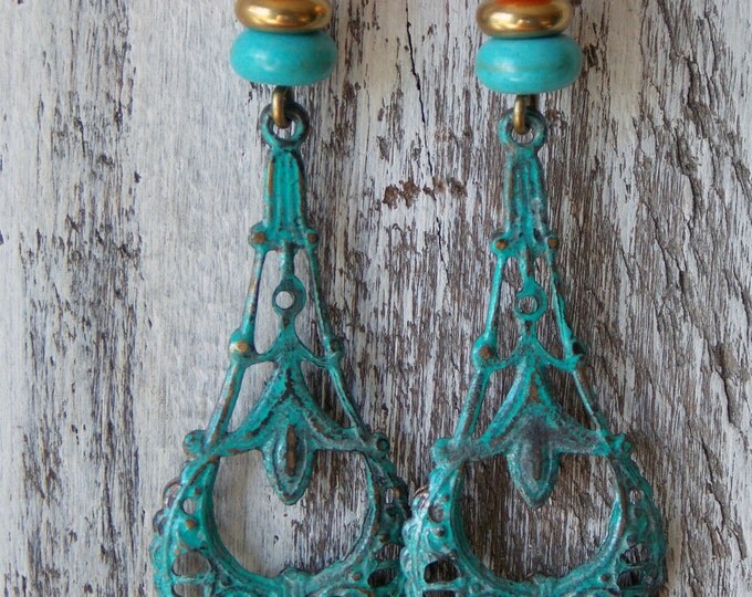 Orange and Turquoise Brass Filigree Drop Earrings Victorian Earrings Brass Jewelry Filigree Earrings Patina Earrings Victorian Dangle