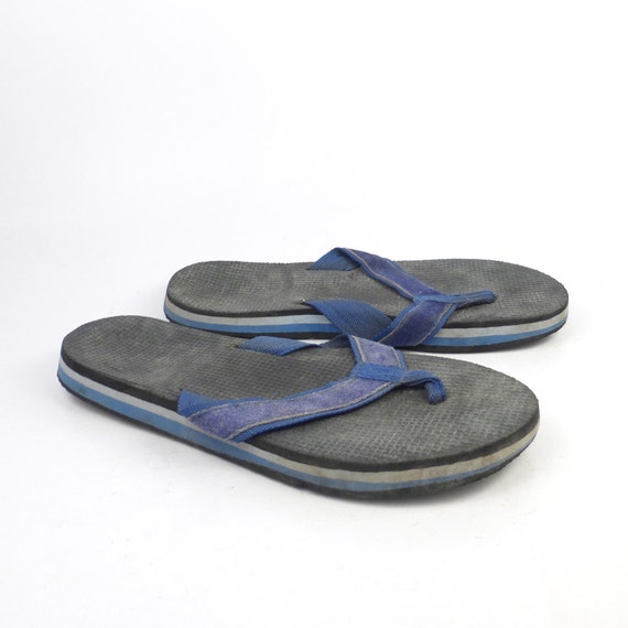 1980s Flip Flops Vintage Sandals Blue Black Stripe Foam 80s