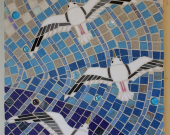Stained Glass, Mosaic, Vitreous Glass, Gulls, Seagulls, Gliding, Flying, Beach, Ocean, Sea