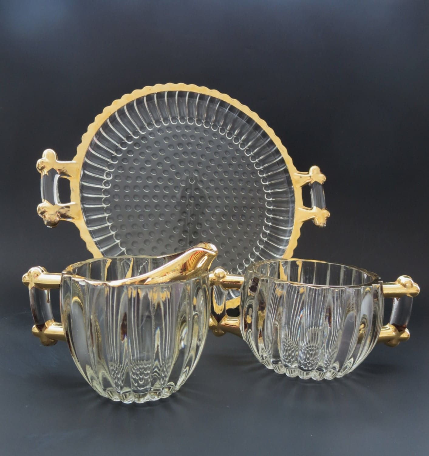 Vintage Glass Sugar Bowl Creamer & Tray Set
