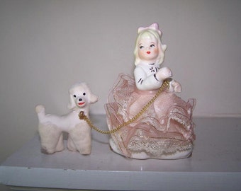 Dog Girl Figurine, Pink White Gold, Girl with Poodle, Collectible Poodle, Dog Walker Figurine, Dog Lover, Blonde Girl, White Poodle, Vintage