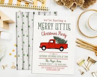 Truck Christmas Party Invitations. Red Truck Holiday Party Invites. Rustic Christmas Invitations. Retro Christmas Party Invitations.