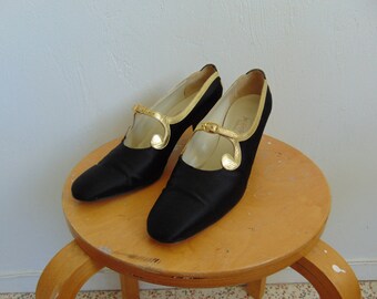 60s Black SATIN pumps trimmed in gold size 9AAA Saks Fifth Ave.
