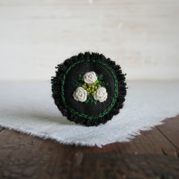 White Roses Hand Embroidered Brooch White and Green Rose