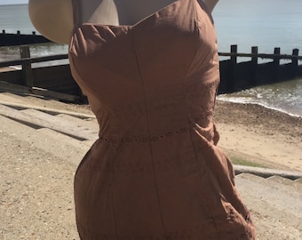 Vintage Swimsuit/ Playsuit - circa 1950s/60s by Jantzen. Brown Embriodered Fabric size Small