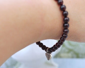 dainty sterling silver red garnet bracelet, SILVER LEAF BRACELET, handmade silver bracelet with natural deep maroon red parent beads