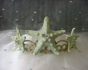 Starfish Mermaid Crown Beach Wedding Tiara, Aqua Blue