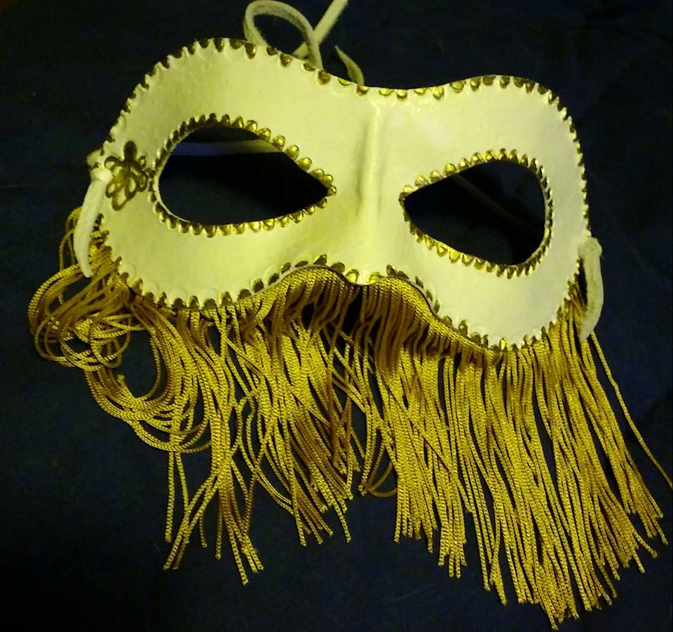 White and Gold Fringe Leather Mask OOAK
