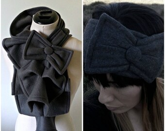 Ruffled Bow Scarf and Earwarmer Set - MADE-TO-ORDER fleece - Many colors to choose from