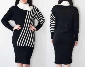 1990s Black & White Cowl Neck Sweater Dress S M