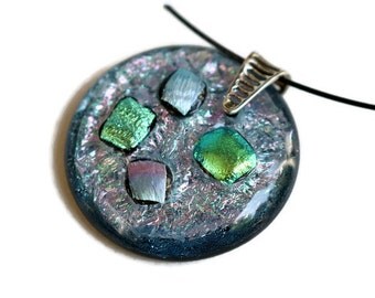 Dichroic Glass Pendant, Round Glass Pendant, Blue Pendant, Fused Glass Pendant, Green and Blue Pendant