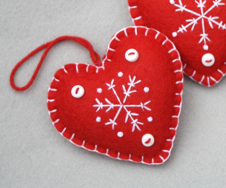 Felt Christmas Heart ornaments Handmade red and white