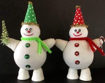 Vintage Look Victorian Christmas Ornament-Spun Cotton Clown Snowman,Chenille, Bottlebrush Tree, Sequins, Candy Cane