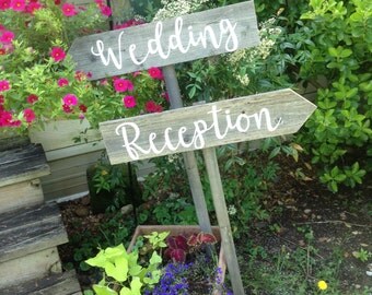 2 Rustic Wood Wedding Signs on Stakes Ceremony Reception Directional Arrow Modern Rustic Cursive Script