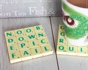Epic Fail coaster, Upcycled Scrabble Tiles, Geeky gamer, Noob down, Cork Backing, Desk Accessories