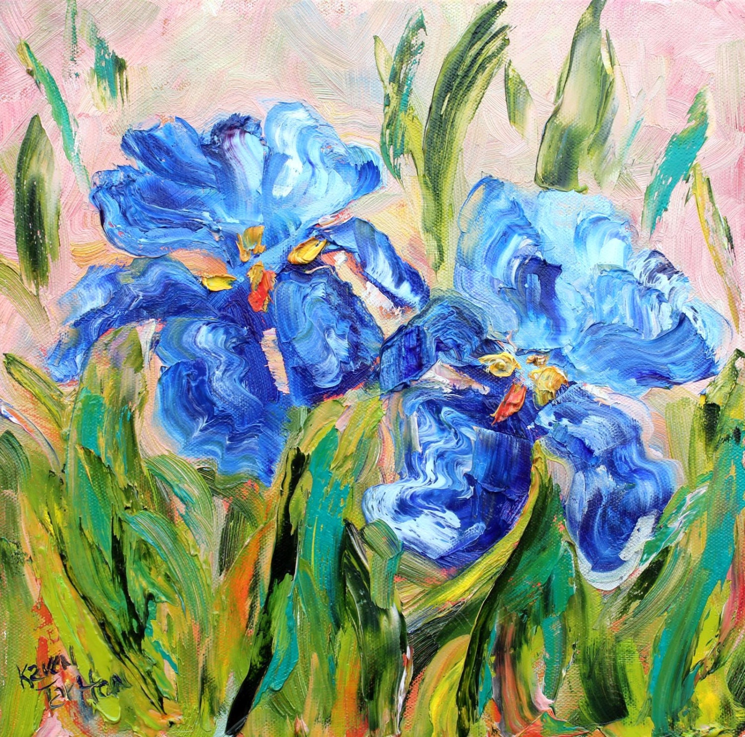 Original oil painting Iris Flowers 12x12 abstract by Karensfineart
