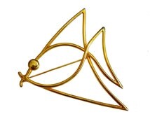 Broche Signée Israël - Motif Poisson Moderniste Avec Strass Bleus Sur Métal Doré - Occasion