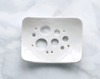 BUBBLE holes white glaze soap dish, porcelain soap dish, bathroom accessory, circle design, ceramic soap dish, white soap dish circle design