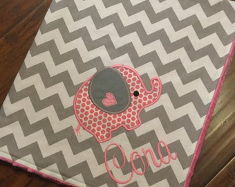 Personalized Baby Blanket- Elephant Blanket- Minky Baby Blanket- Chevron Minky Blanket- Elephant Applique Baby Blanket-