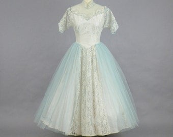 Vintage 1950s Prom Dress, 50s Dress, Powder Blue Tulle and Lace Formal Cinderella Party Dress, XS