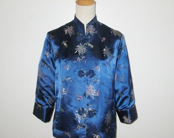 Vintage Cheongsam Jacket / Blue Reversible Asian Style Jacket / Gold Cheongsam Reversible Jacket By Peony Brand Shanghai China - M