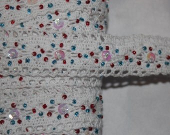 5 yards White Cluny Crochet non stretch sewing trim red white beads sequins x4