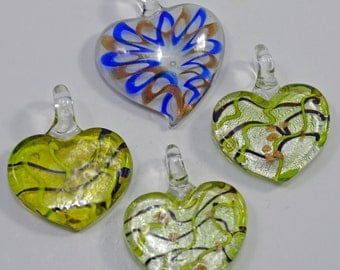 Murano style glass heart pendants with silver foil - #1602