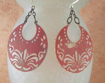 Gypsy Cowgirl Earrings - Brass Crescents with Cut Out Designs - Shabby Tomato Red Finish