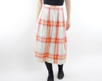 Vintage 70's plaid skirt, off white, red/orange, navy, yellow, large pleats, pockets, below the knee - XS / 26" waist