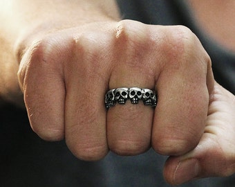 Mens Wedding Band Skull Ring Silver Mens Jewelry