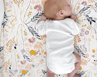 Girls Crib Bedding - Peach Gold Grey Blue / Boho Changing Pad Covers / Bohemain Floral Nursery Baby Bedding /Mini Crib Sheets / Cot Sheets