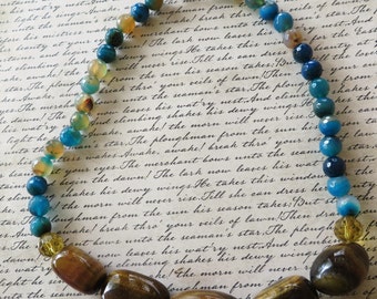 Tigers Eye Nugget And Blue Striped Agate Beaded Necklace